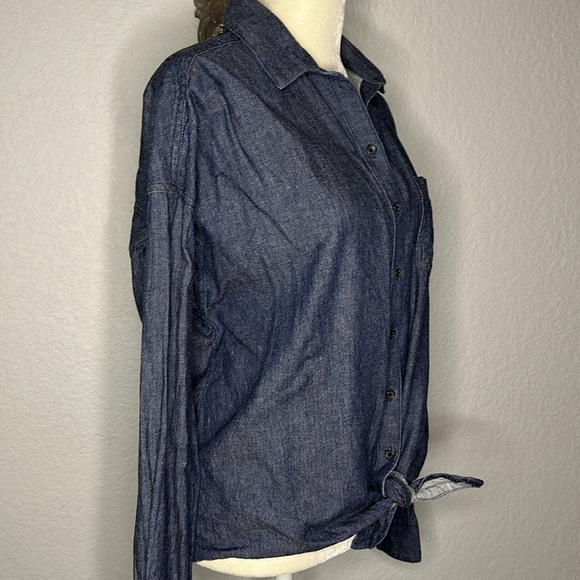 Prana Button Down Tie Front Blue Long Sleeve Organic Cotton Top Small - Picture 5 of 11